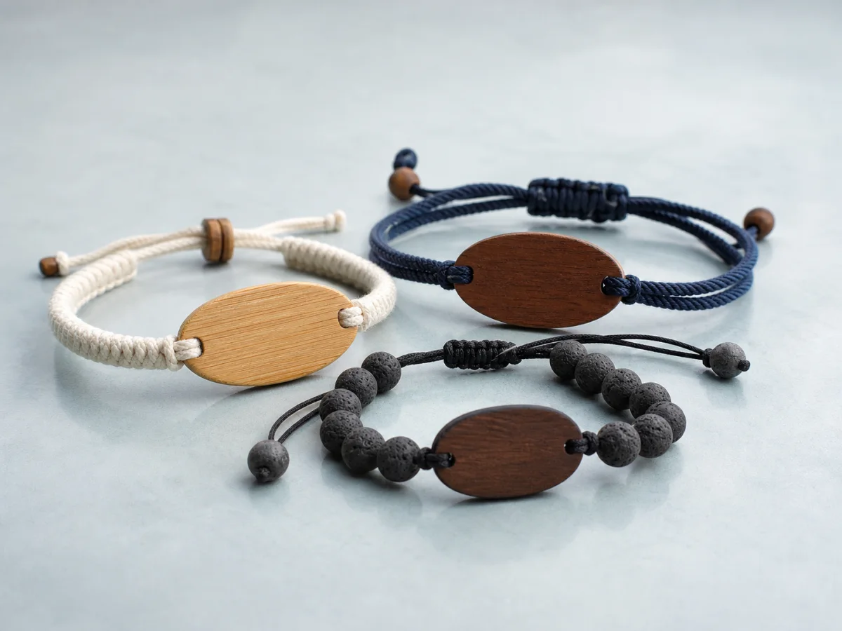 Three wood, cord and bead RFID resort wristband constructions